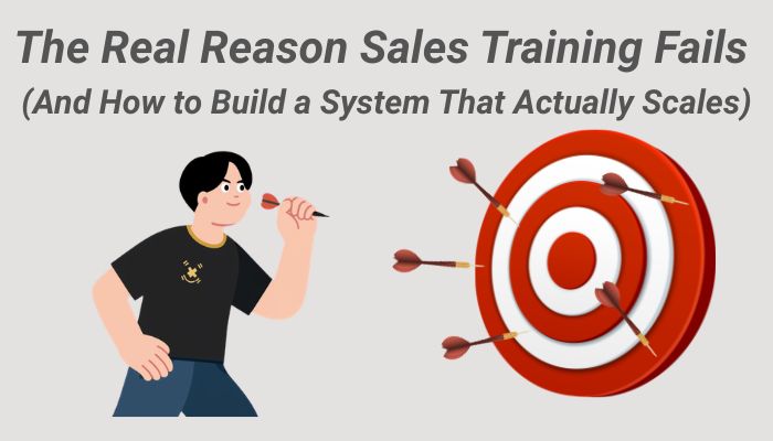image of a cartoon person throwing darts at a board and missing the target and text that says The Real Reason Sales Training Fails (And How to Build a System That Actually Scales)